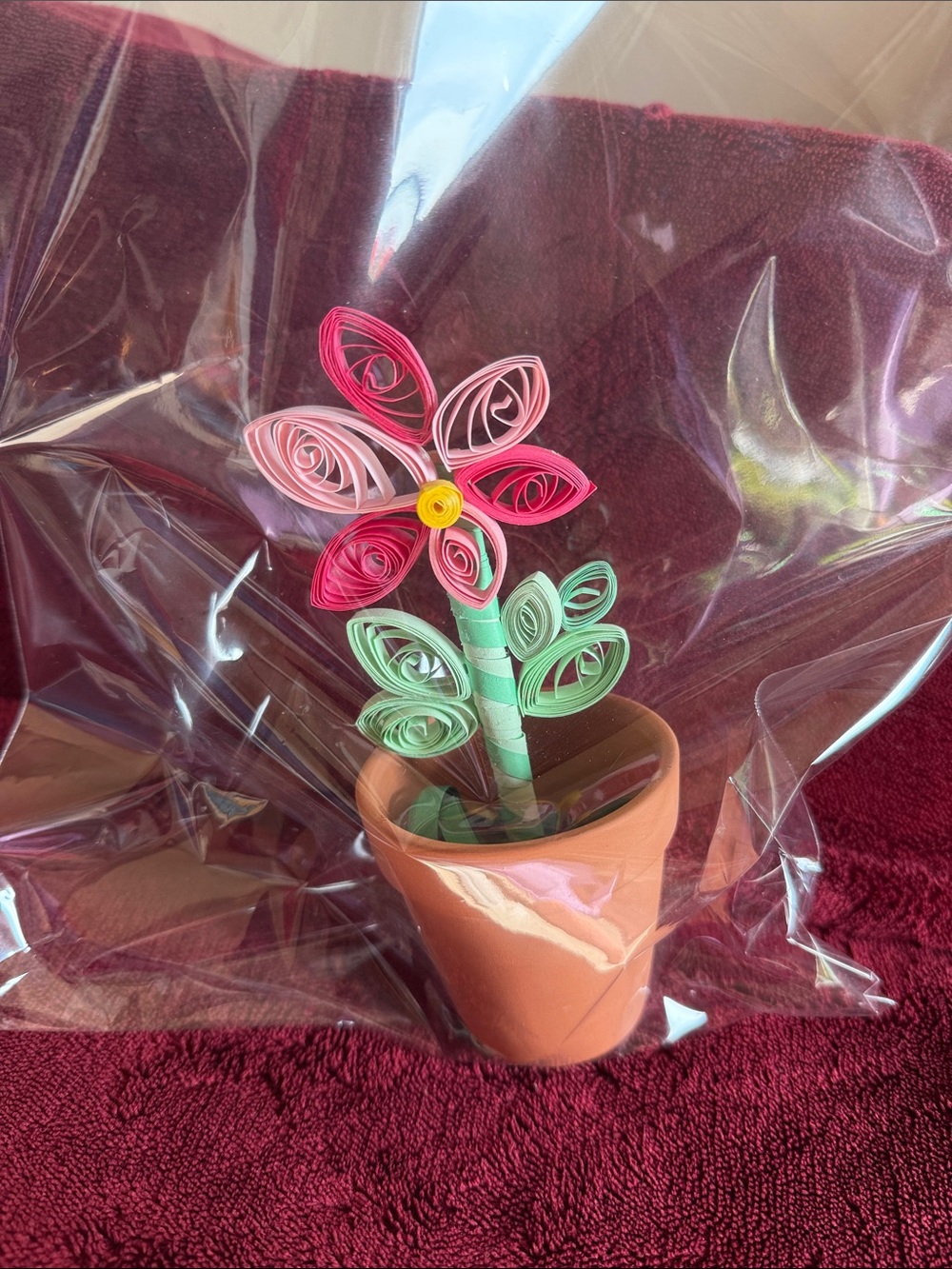 Handmade Quilling Flower in Terracotta Pot - Pink & Green